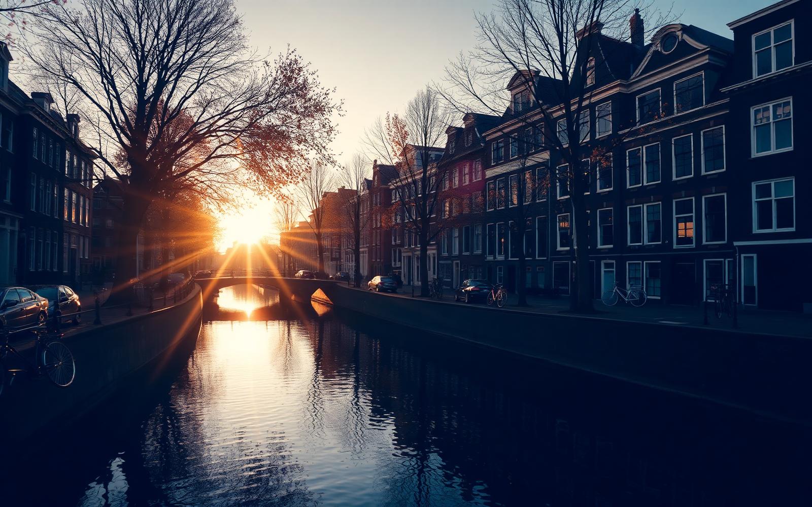 Amsterdam canal houses at sunrise in autumn